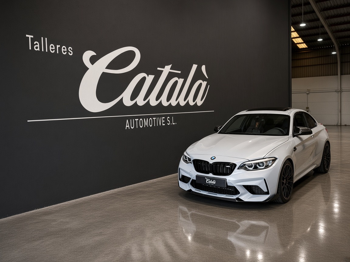 BMW M2 blanco frente al logotipo de Talleres Català